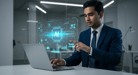 Businessman using laptop with holographic ai interface
