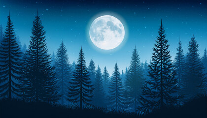 Wall Mural - a nighttime scene depicting a deep coniferous forest in vector illustration form