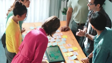 Wall Mural - aerial view of developer team discussing and showing digital program and writing by using ux ui desi