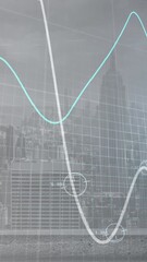 Wall Mural - glowing white and blue graphs and data processing over modern cityscape background