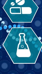 Wall Mural - animation of medical icons, dna strand and digital data processing over dark background