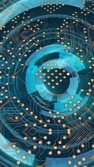 Wall Mural - rotating circuit board and data processing animation over blue digital interface