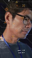 Wall Mural - analyzing digital data with futuristic animation, man wearing glasses in office