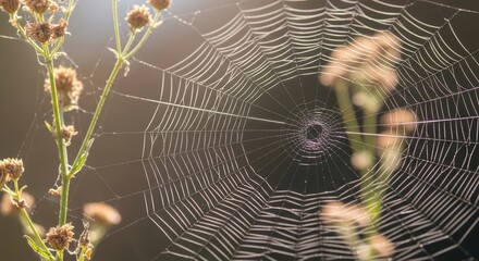 Intricate spiderweb on dry plants in sunlight