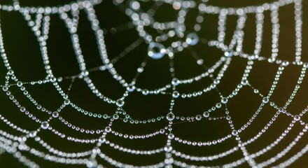 Glistening dew-drops on intricate spider web in nature’s morning light