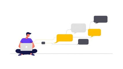 Illustration of man using laptop with chat bubbles for communication and messaging