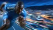 © Yaroslav - Sprinter in blue racing at high speed through illuminated cityscape at night with motion blur effect