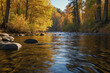 © faisal - Shallow clear river moving gently between dense autumn trees under cinematic warm light viewed from eye-level creating serene seasonal ambience highlighting reflections and soft organic