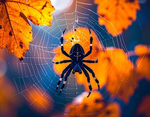 A highly detailed micro photo shot capturing a spider in the process of spinning its delicate web between leaves, with visible silk threads and intricate leg movement.
