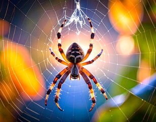 A highly detailed micro photo shot capturing a spider in the process of spinning its delicate web between leaves, with visible silk threads and intricate leg movement.