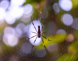 A highly detailed micro photo shot capturing a spider in the process of spinning its delicate web between leaves, with visible silk threads and intricate leg movement.