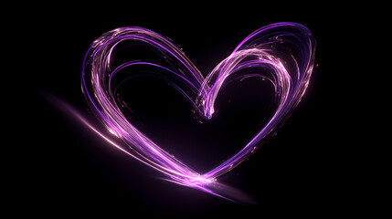 Wall Mural - Glowing purple light trails forming a heart shape on a dark background, created using motion effects and bright lines in an abstract composition. heart signal. Illustration