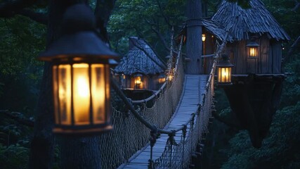 Wall Mural - A nighttime scene with a suspension bridge spanning through a dark and mysterious forest