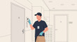 © Lidya - Delivery Courier At The Door In Apartment Building Using Intercom System