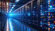 © ezra - Data Center Corridor: A sleek, modern data center corridor bathed in cool blue and bright lights, showcasing rows of server racks housing powerful, high-tech computing infrastructure.