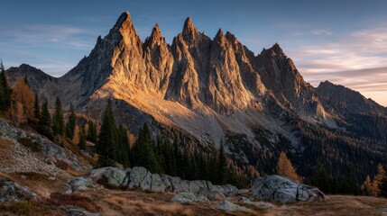 Morning light illuminating sharp rocky edges of jagged mountain ridge