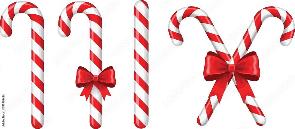 A group of red and white striped candy canes with red bows on a white ...