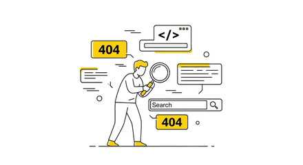 Cartoon man searches with a magnifying glass amidst error messages, code snippets, and a search bar, illustrating a website or programming problem.