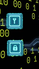 Wall Mural - animation of key, padlock icons, binary coding over circuit board on black background