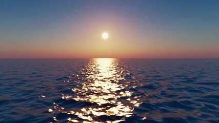 Wall Mural - Gorgeous 4K UHD 3D rendering of a tranquil ocean panorama where gentle waves roll beneath a soft sunset sky painted in golden and pastel hues creating a serene seascape ideal for travel visuals