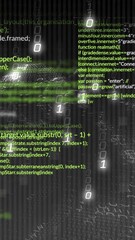 Wall Mural - animation of car silhouette with green code and binary numbers on dark background