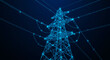 © vecto club - Electric power transmission tower is rendered in a glowing blue wireframe, showcasing energy and technology with a modern, futuristic aesthetic.