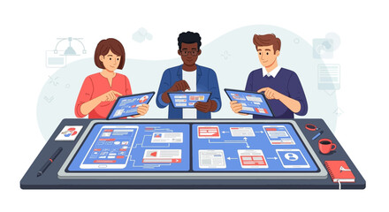 Multiracial colleagues collaborate on a website design using tablets, working together on user interface and web development workflow process.