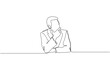 © SCB - Continuous one line drawing of businessman thinking with his hand on his chin,  Man pose thinking in single line draw illustration, Editable stroke.