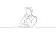 © SCB - Continuous one line drawing of businessman thinking with his hand on his chin,  Man pose thinking in single line draw illustration, Editable stroke.