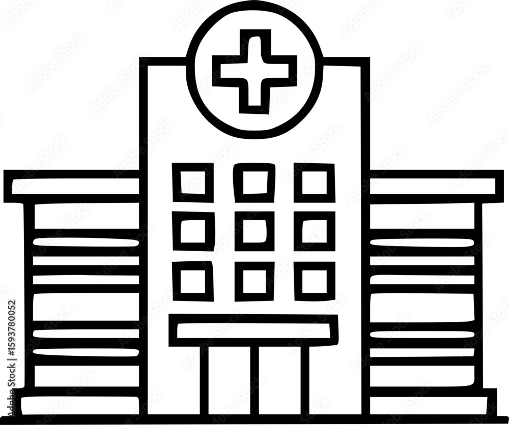 Simple line drawing of a multi-story hospital building, featuring a ...