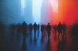 © dex - Abstract Urban Motion: Blurred Crowd Walking in Cityscape with Red and Blue Hues