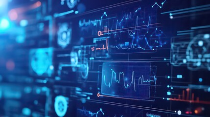 Abstract blue technology interface with graphs and data visualizations for digital display use