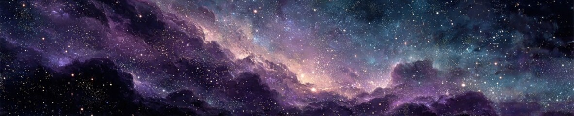Wall Mural - Vibrant purple and blue nebula clouds swirl through deep space with glowing dust and bright stars on a black backdrop, creating a cosmic dreamscape.