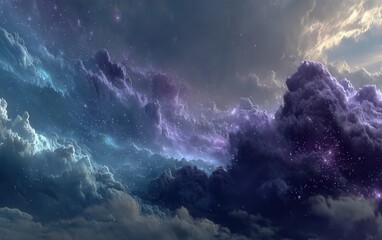 Wall Mural - Vibrant purple and blue nebula clouds swirl through deep space with glowing dust and bright stars on a black backdrop, creating a cosmic dreamscape.