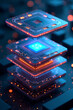 © NF - Stacked computer processors with glowing blue and orange lights, representing technology.