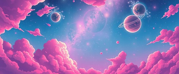 Wall Mural - Whimsical anime sky; pink clouds, luminous stars, ethereal planets, vibrant, dreamy, digital art,  night,  clouds