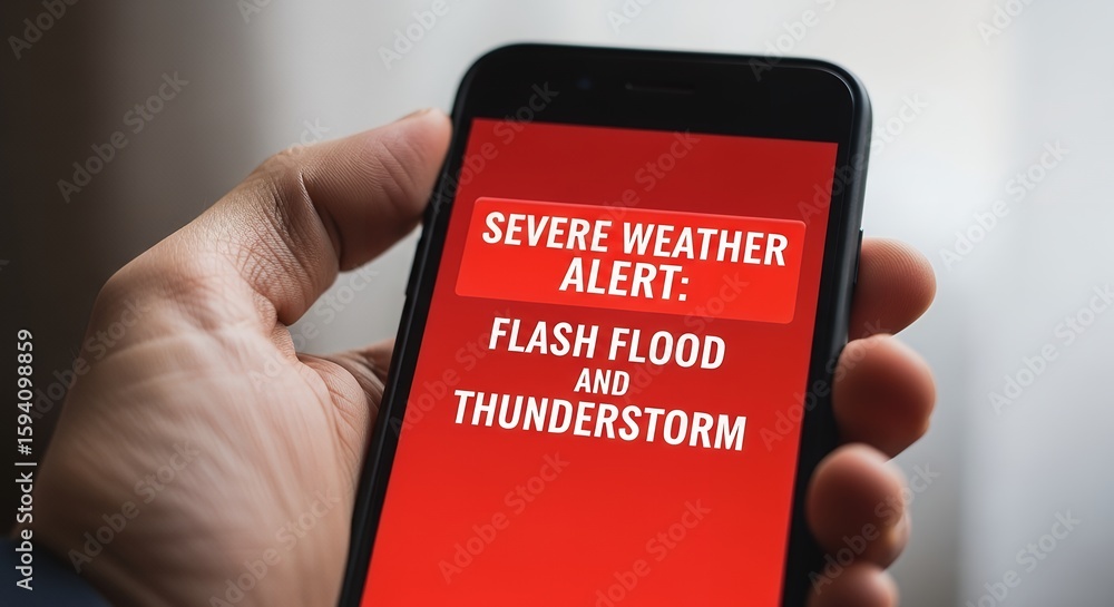 Flash Flood and Thunderstorm Warning - Hand Holding Phone with Severe ...