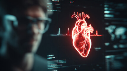 Wall Mural - Futuristic medical background with glowing cyan heart rate graph pulsing on a dark digital screen. Includes HUD interface elements and biometric visuals. Minimal layout with caption space on the side.