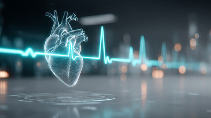 Wall Mural - Futuristic medical background with glowing cyan heart rate graph pulsing on a dark digital screen. Includes HUD interface elements and biometric visuals. Minimal layout with caption space on the side.