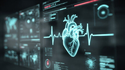 Wall Mural - Futuristic medical background with glowing cyan heart rate graph pulsing on a dark digital screen. Includes HUD interface elements and biometric visuals. Minimal layout with caption space on the side.
