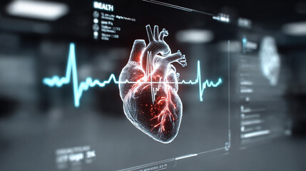 Wall Mural - Futuristic medical background with glowing cyan heart rate graph pulsing on a dark digital screen. Includes HUD interface elements and biometric visuals. Minimal layout with caption space on the side.