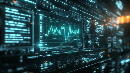 Wall Mural - Futuristic medical background with glowing cyan heart rate graph pulsing on a dark digital screen. Includes HUD interface elements and biometric visuals. Minimal layout with caption space on the side.