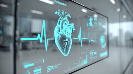 Wall Mural - Futuristic medical background with glowing cyan heart rate graph pulsing on a dark digital screen. Includes HUD interface elements and biometric visuals. Minimal layout with caption space on the side.