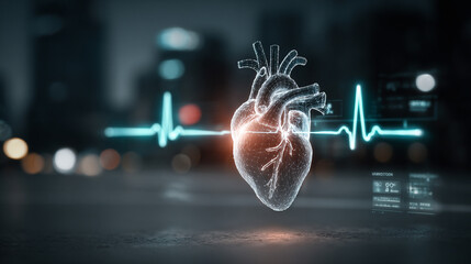 Wall Mural - Futuristic medical background with glowing cyan heart rate graph pulsing on a dark digital screen. Includes HUD interface elements and biometric visuals. Minimal layout with caption space on the side.