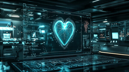 Wall Mural - Futuristic medical background with glowing cyan heart rate graph pulsing on a dark digital screen. Includes HUD interface elements and biometric visuals. Minimal layout with caption space on the side.