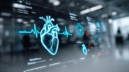 Wall Mural - Futuristic medical background with glowing cyan heart rate graph pulsing on a dark digital screen. Includes HUD interface elements and biometric visuals. Minimal layout with caption space on the side.