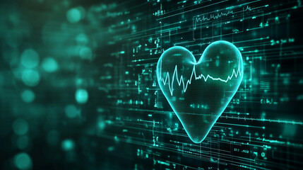 Wall Mural - Futuristic medical background with glowing cyan heart rate graph pulsing on a dark digital screen. Includes HUD interface elements and biometric visuals. Minimal layout with caption space on the side.
