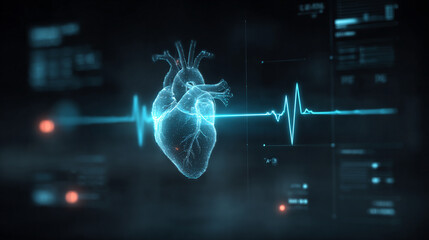 Wall Mural - Futuristic medical background with glowing cyan heart rate graph pulsing on a dark digital screen. Includes HUD interface elements and biometric visuals. Minimal layout with caption space on the side.
