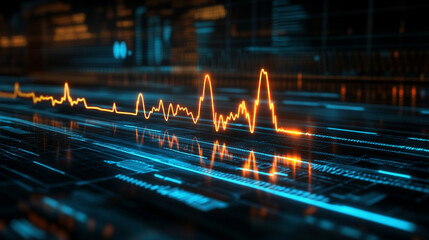 Wall Mural - Futuristic medical background with glowing cyan heart rate graph pulsing on a dark digital screen. Includes HUD interface elements and biometric visuals. Minimal layout with caption space on the side.
