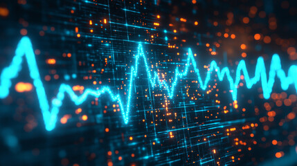 Futuristic medical background with glowing cyan heart rate graph pulsing on a dark digital screen. Includes HUD interface elements and biometric visuals. Minimal layout with caption space on the side.